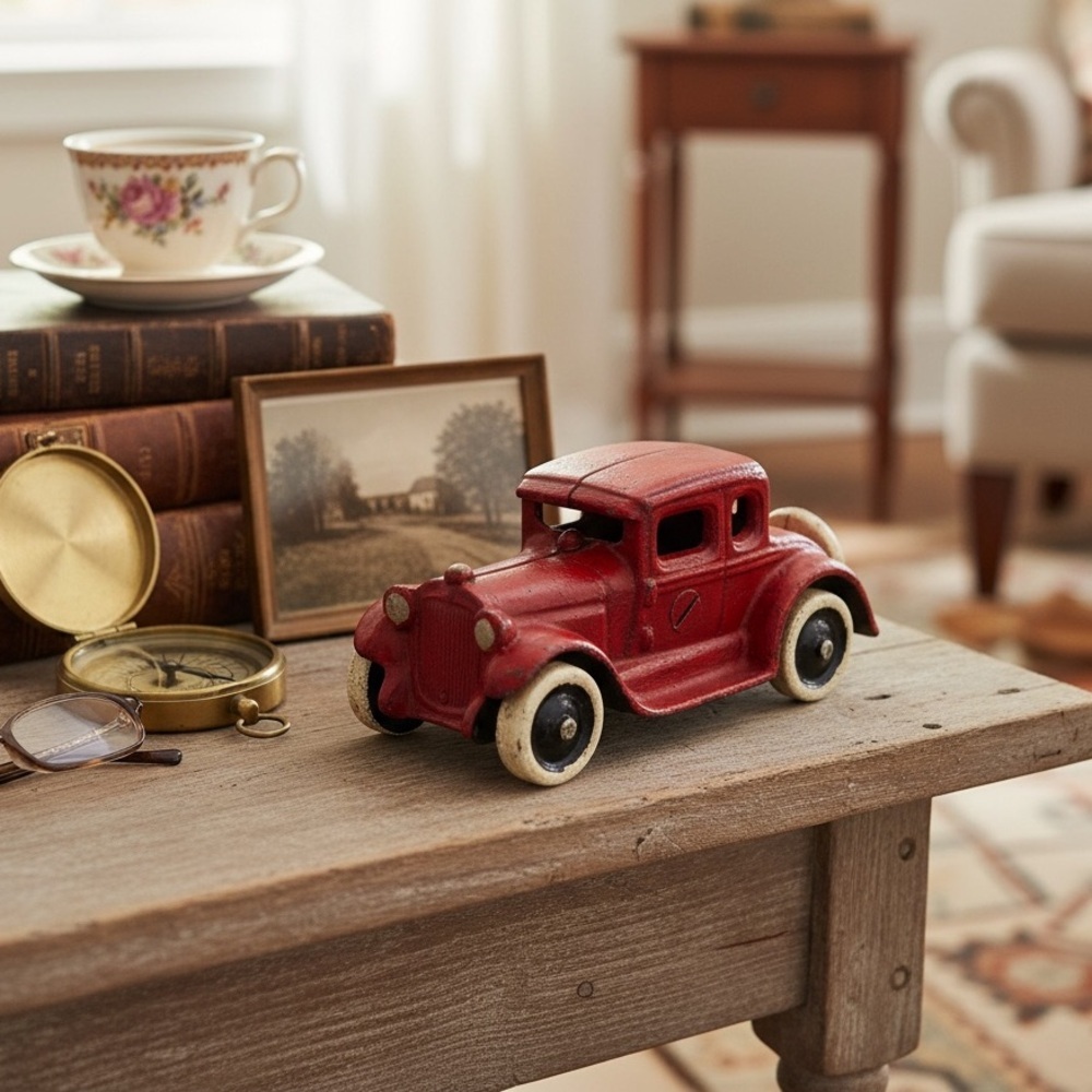 Vintage Roadster 1930’s Hubley Coupe Cast Iron Red/White/Blk Moveable GUC